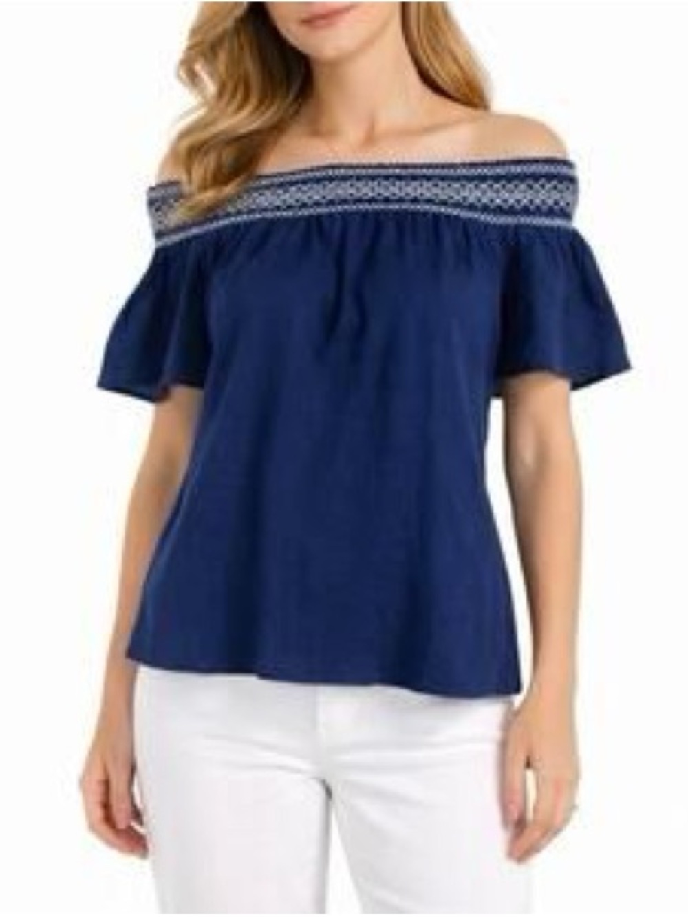 Vineyard Vines Navy Off-Shoulder Top with White Smocked Trim size Large